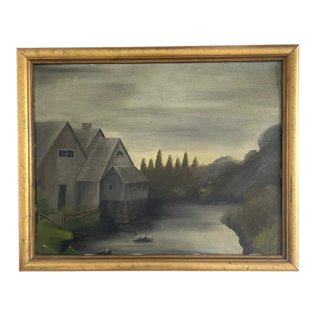 19th Century Landscape Oil Painting on Panel Framed in Golden Wood: A stunning antique oil painting on panel depicting a country riverside home. This painting could be Dutch or German, but the artist is unknown. Gold wood frame. Condition: Alterations: Original