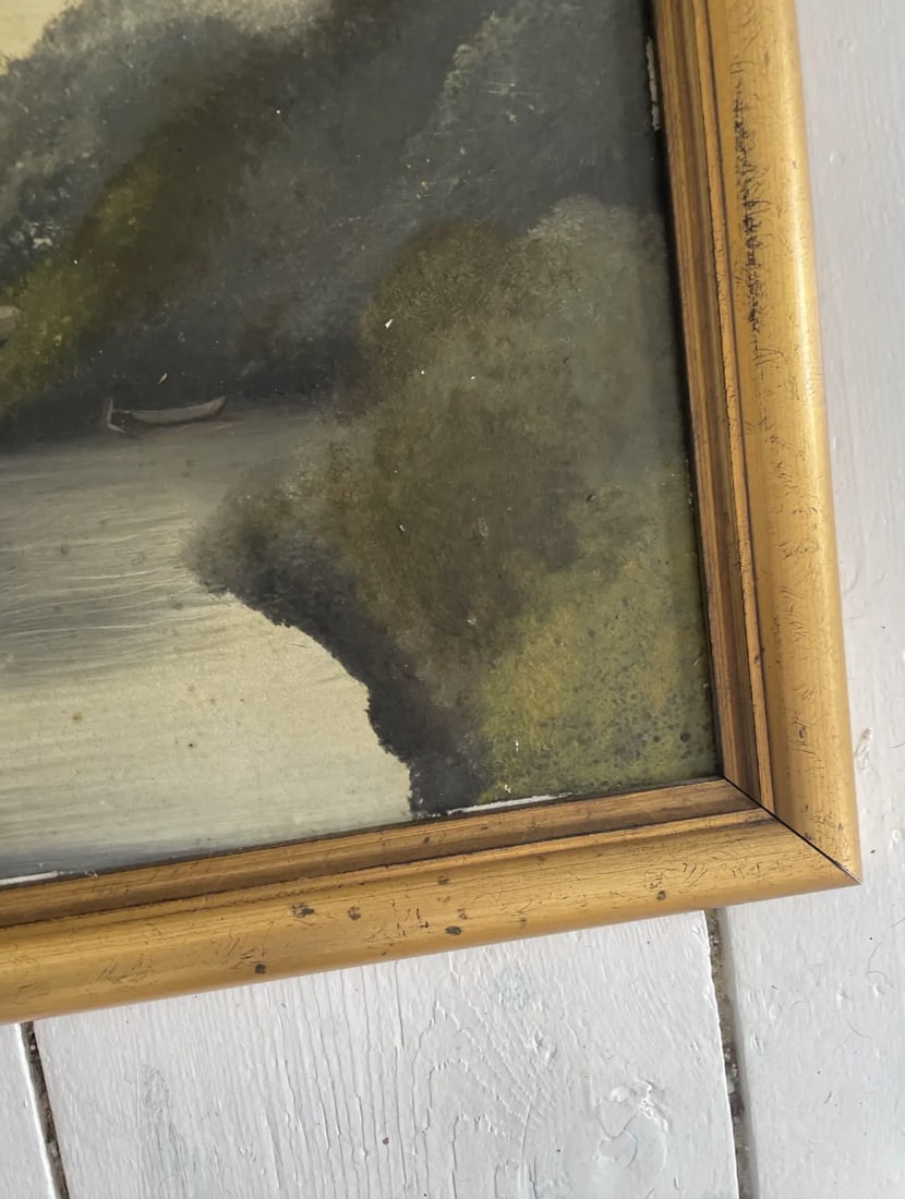 19th Century Landscape Oil Painting on Panel Framed in Golden Wood - 2