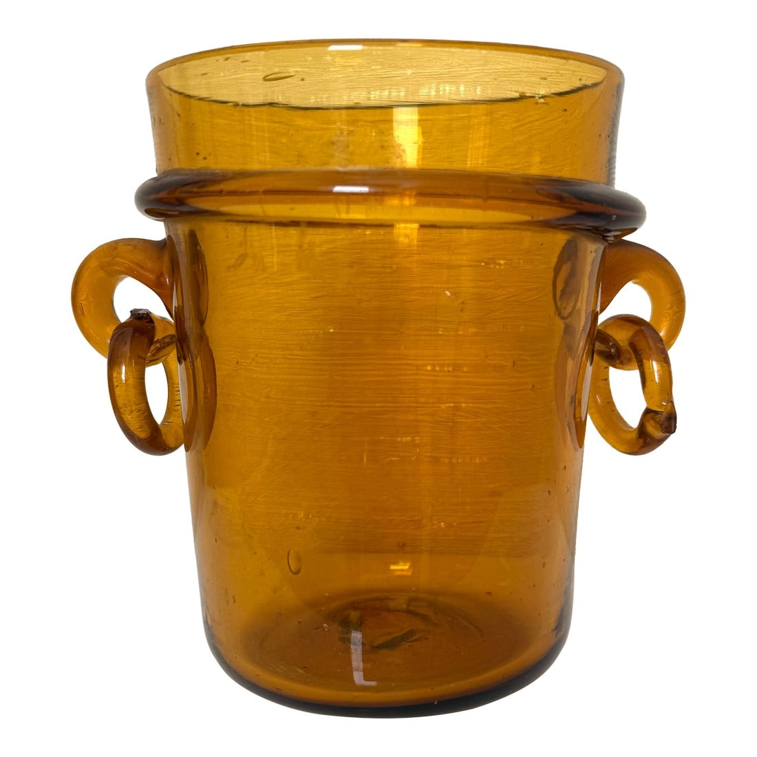 1950's Murano Italian Amber Vase: 1950's Amber handblown glass vase. Features rings to each side. Condition: Alterations: Original Condition Unaltered Imperfections: Some Imperfections Condition Notes: Condition consistent with age