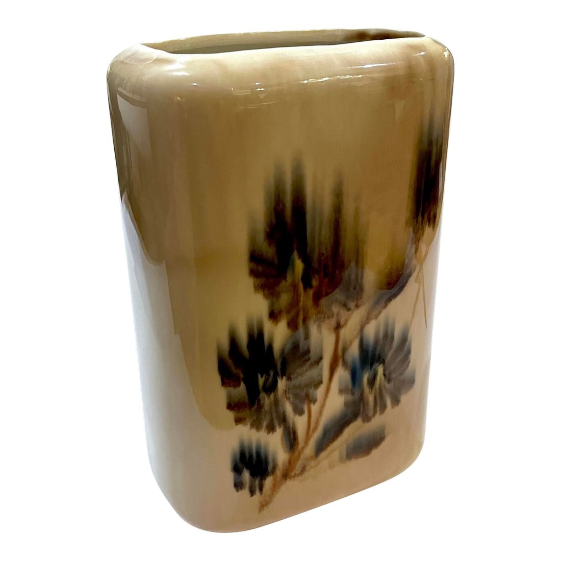 Mid 20th Century Modern Porcelain Vase by F. Joseph Von Tury: This large rectangular vase was created by Francis Joseph Vontury - one of the twentieth century's master potters. Hand built of porcelain, it is hand-decorated with a blue and brown blossoms and