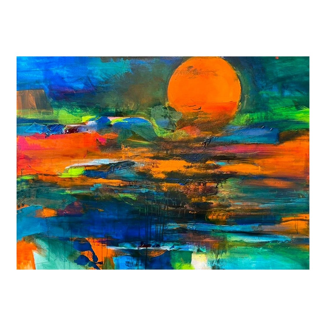 Contemporary Abstract Painting: Moon Glow is a luminous abstract mixed media painting that radiates warmth and atmosphere. Rich layers of turquoise, deep blue, and vibrant orange converge beneath a glowing circular form, evoking a