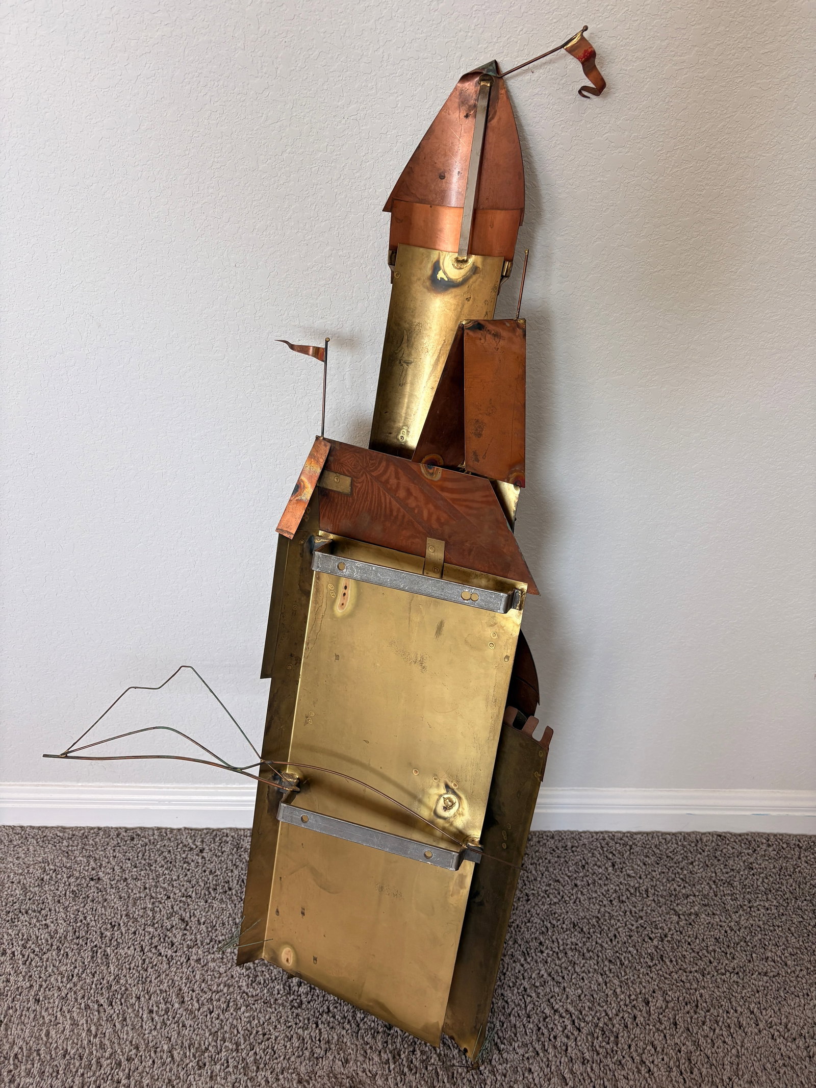 1970s Signed Curtis Jere Mid-Century Modern Fantastical Tower Village Wall Sculpture, Copper & Brass - 13