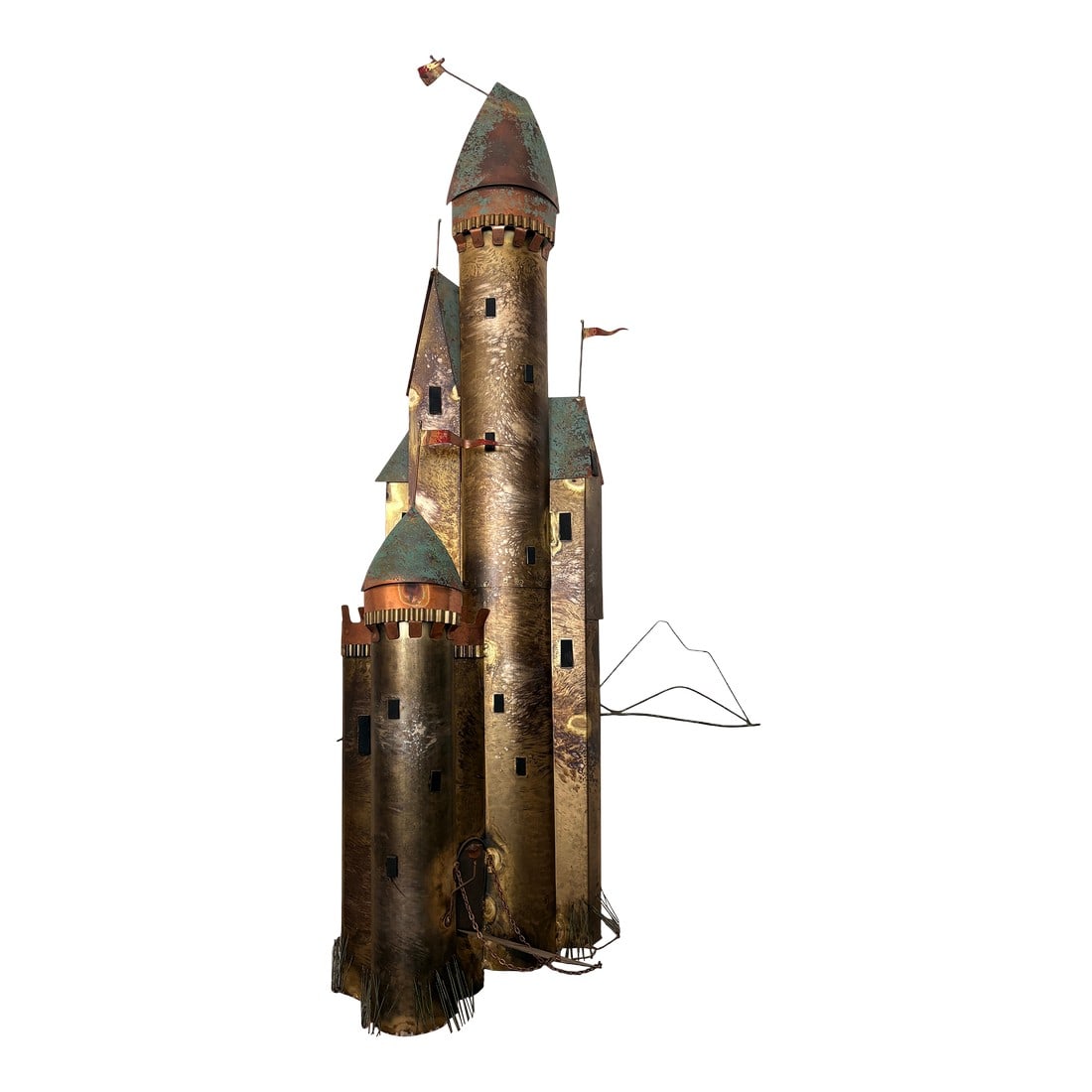 1970s Signed Curtis Jere Mid-Century Modern Fantastical Tower Village Wall Sculpture, Copper & Brass: Creator: Curtis Jere Origin: United States Period: Mid-Century Modern, circa 1960s–1970s Materials: Brass, copper, steel Condition: Vintage – good, with age-appropriate wear and one bent