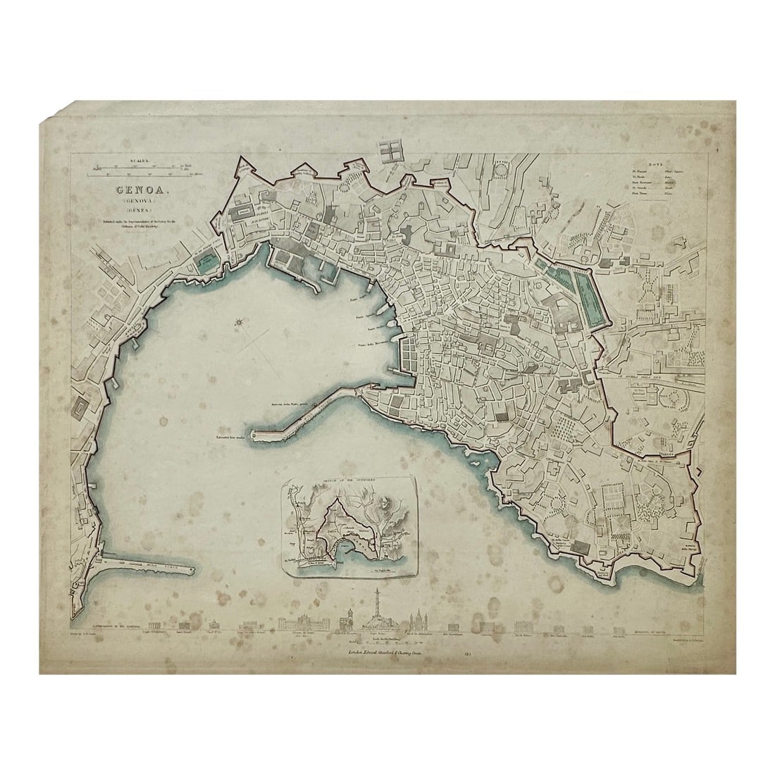 Genoa Italy, Original Map, 1834: Original steel engraving from the Society for the Diffusion of Useful Knowledge (S.D.U.K.) published by Chapman and Hall, 1834. Dimensions: 17" x 14". Condition - light foxing - wear on borders.