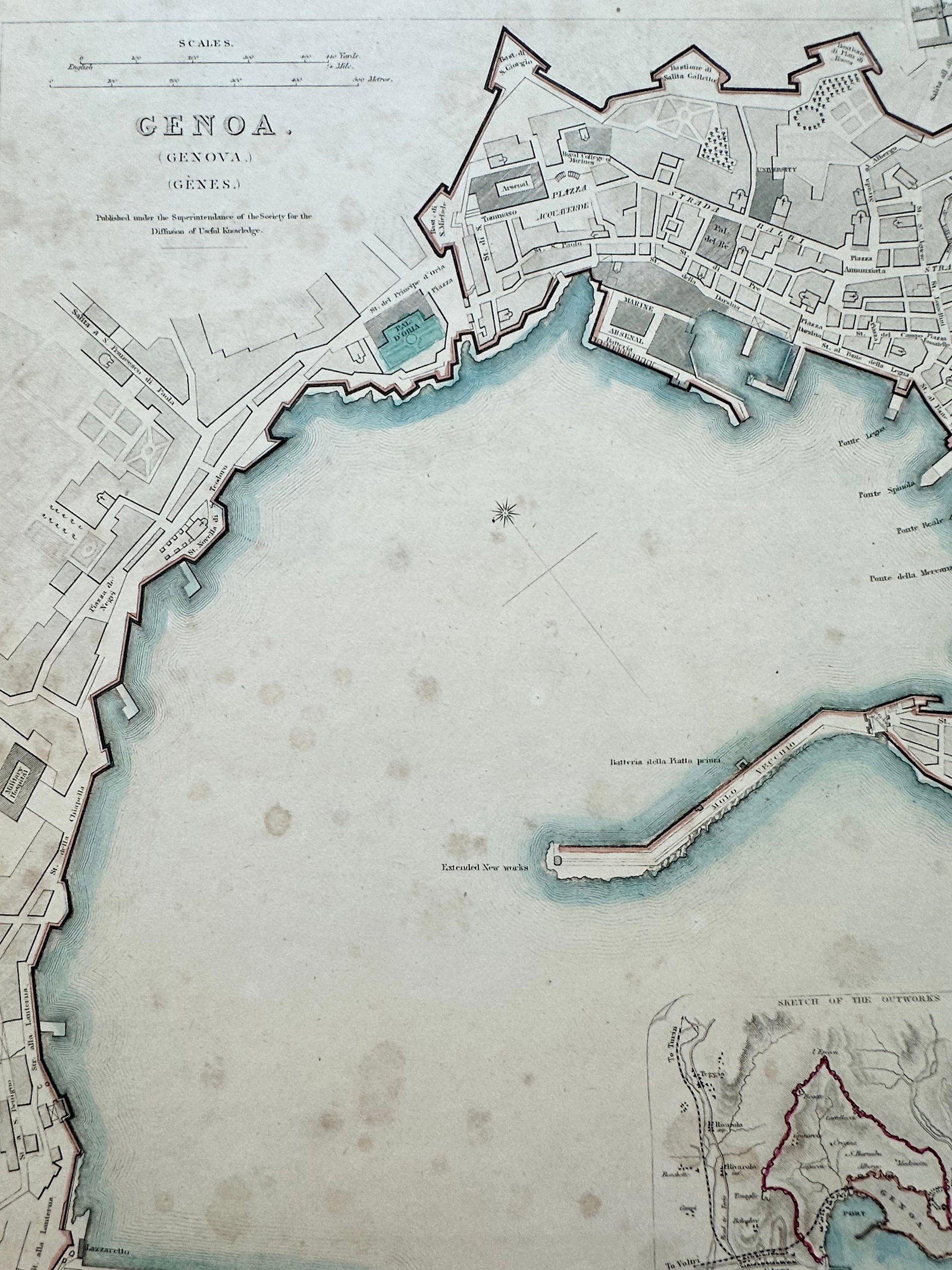 Genoa Italy, Original Map, 1834 - 5