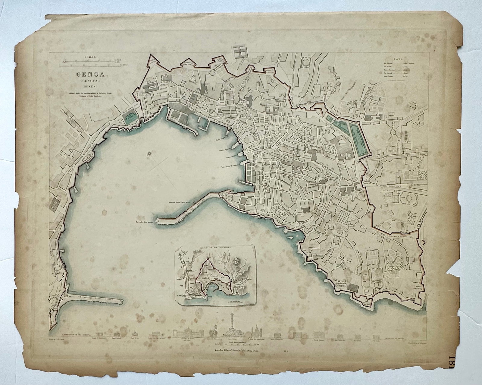 Genoa Italy, Original Map, 1834 - 6