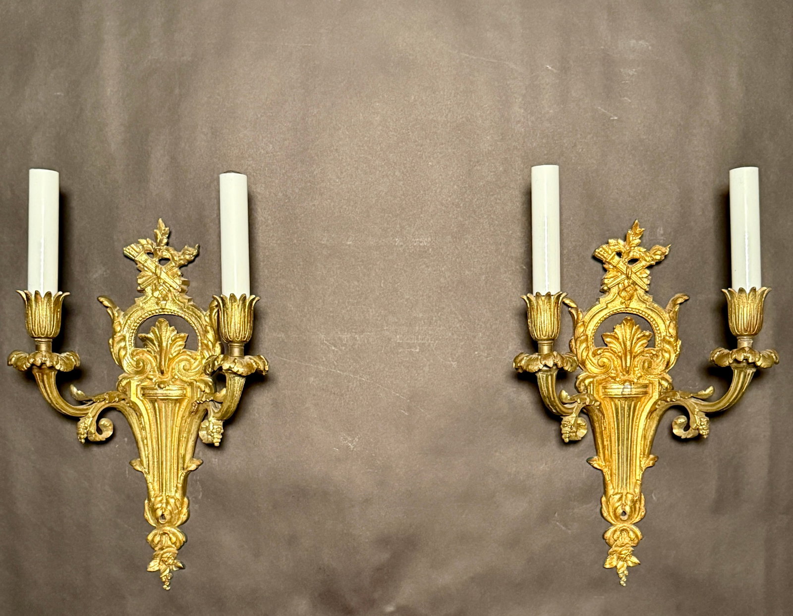 Early 20th Century Pair of Louis XVI Style Gilt Bronze Two Arm Wall Sconces - 9