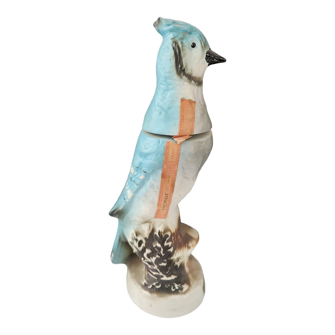 1960s Jim Beam "Beam's Trophy" Blue Jay Figural Bourbon Decanter – Western Americana, 13": This vintage Jim Beam "Beam's Trophy" Blue Jay decanter dates to the late 1960s–early 1970s and exemplifies the golden era of American bourbon collectibles. Crafted in glazed ceramic and