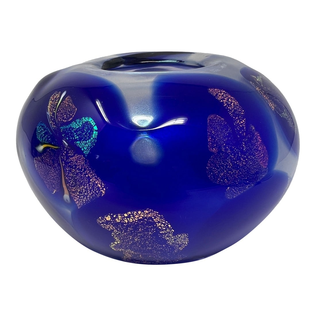 Artist Signed Cobalt Blue Studio Art Glass Sculptural Vase-Late 20th Century: Hand-blown studio art glass vase in a rich cobalt blue hue, featuring shimmering iridescent metallic inclusions throughout. The sculptural rounded form is substantial and weighty, with thick walls