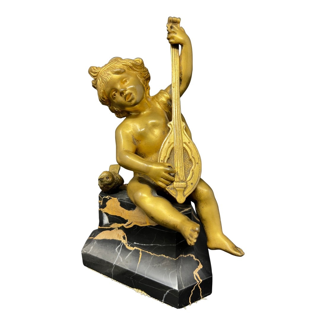 19th Century French Gilt Metal Cherub With Lyre on Black Marble Base (1 of 7)