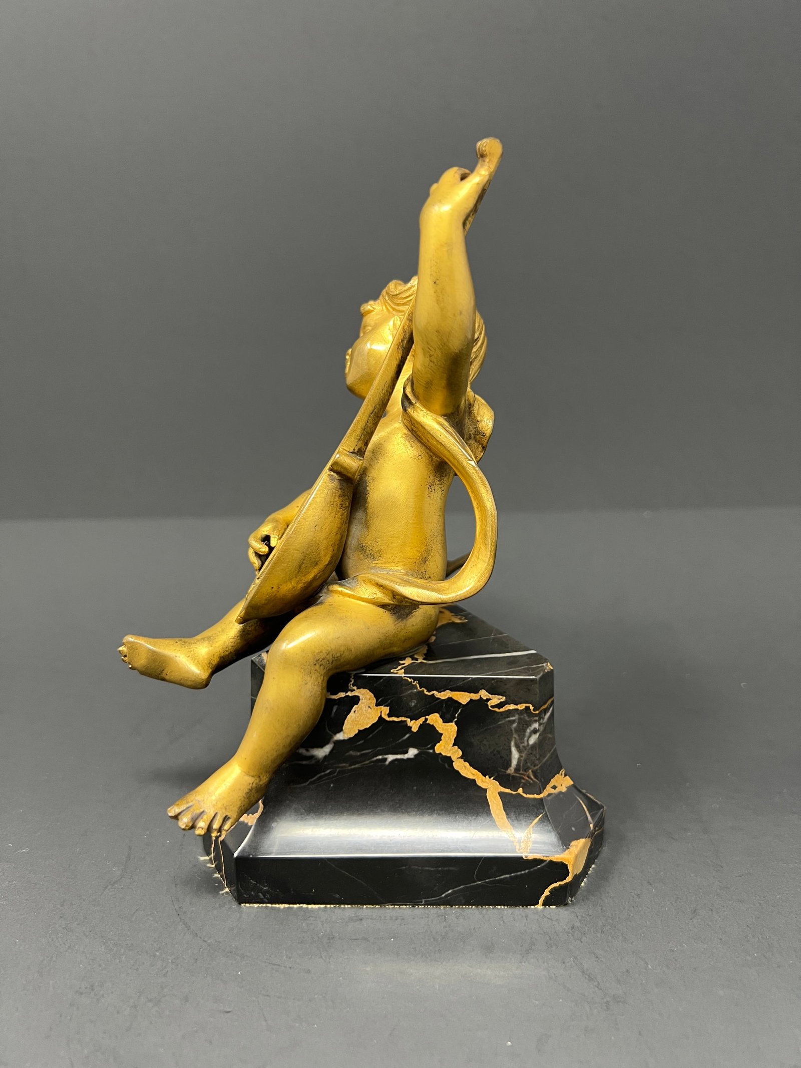 19th Century French Gilt Metal Cherub With Lyre on Black Marble Base - 2