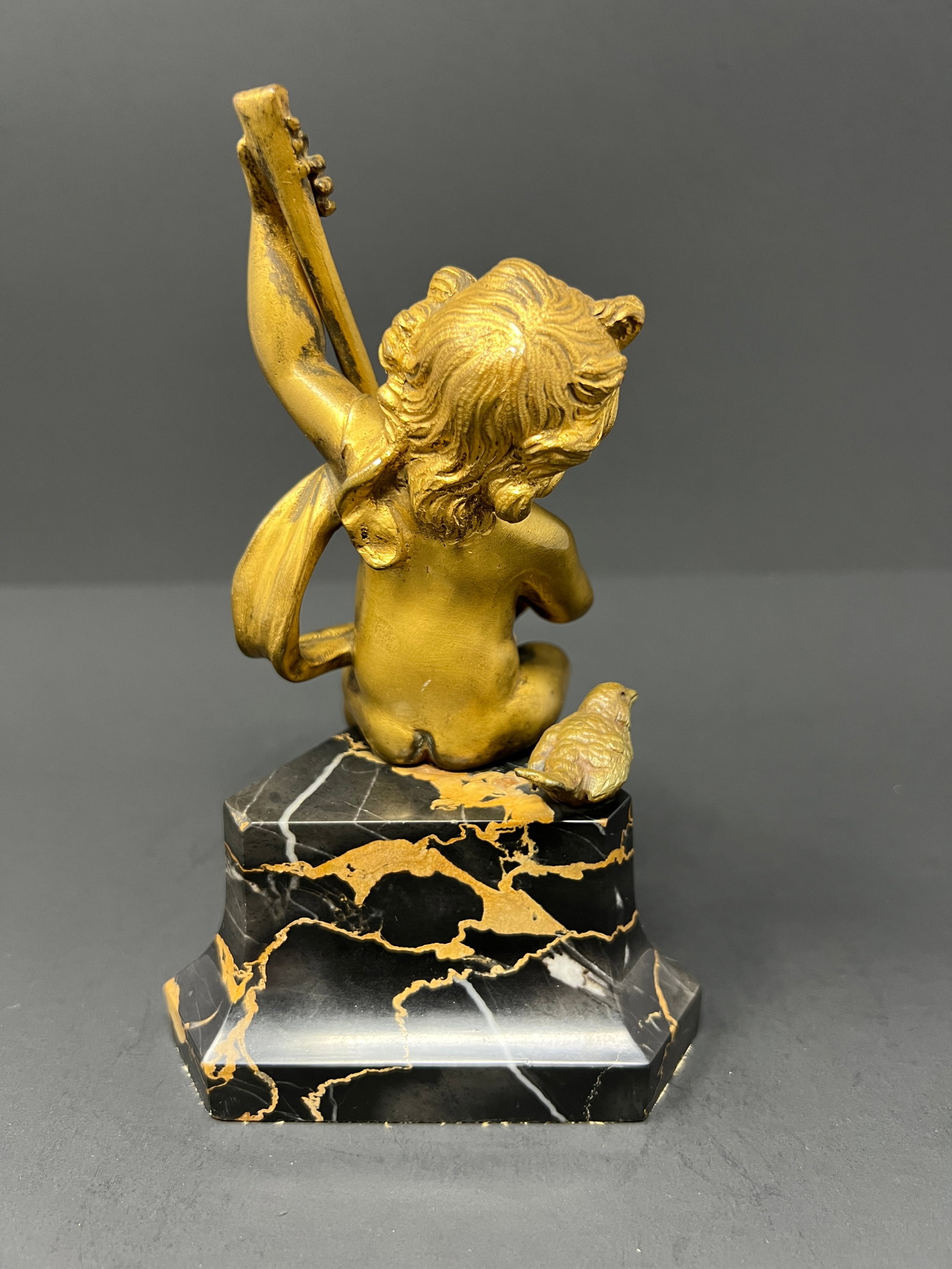 19th Century French Gilt Metal Cherub With Lyre on Black Marble Base - 3