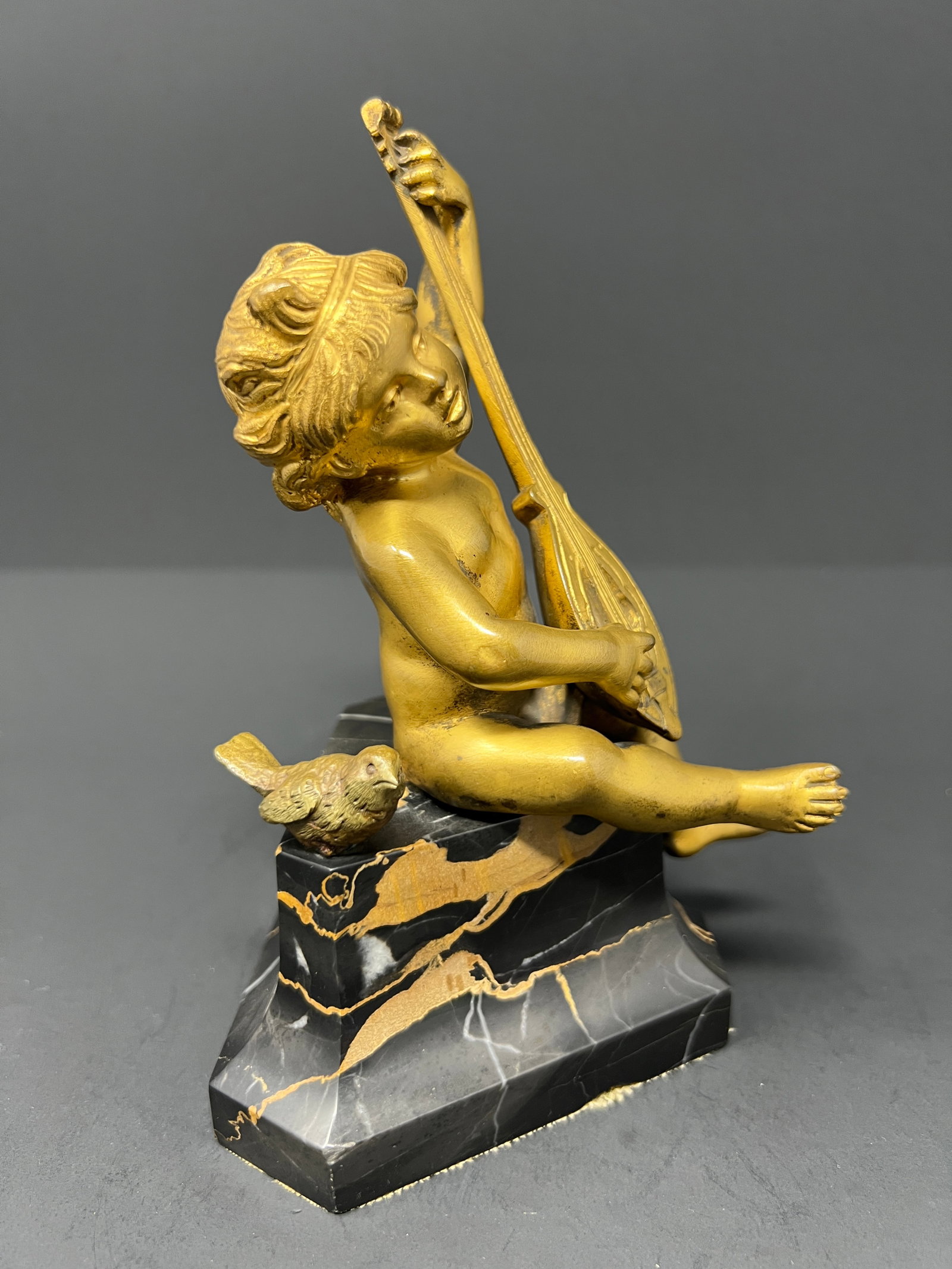 19th Century French Gilt Metal Cherub With Lyre on Black Marble Base - 4