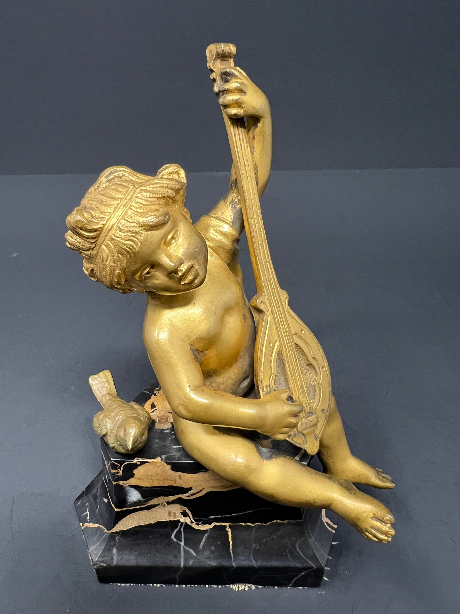 19th Century French Gilt Metal Cherub With Lyre on Black Marble Base - 6