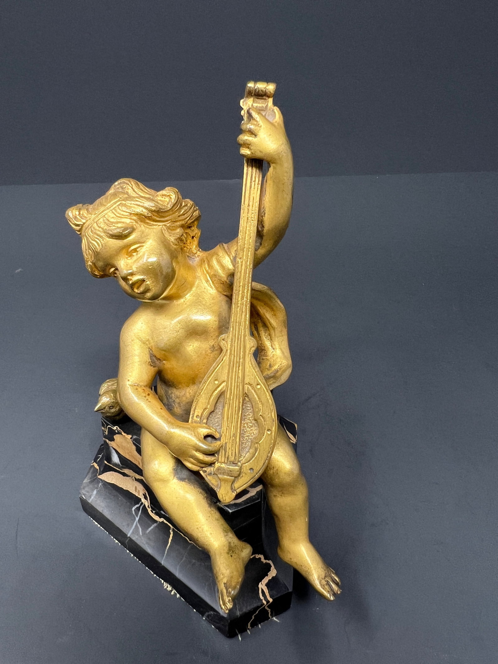 19th Century French Gilt Metal Cherub With Lyre on Black Marble Base - 7