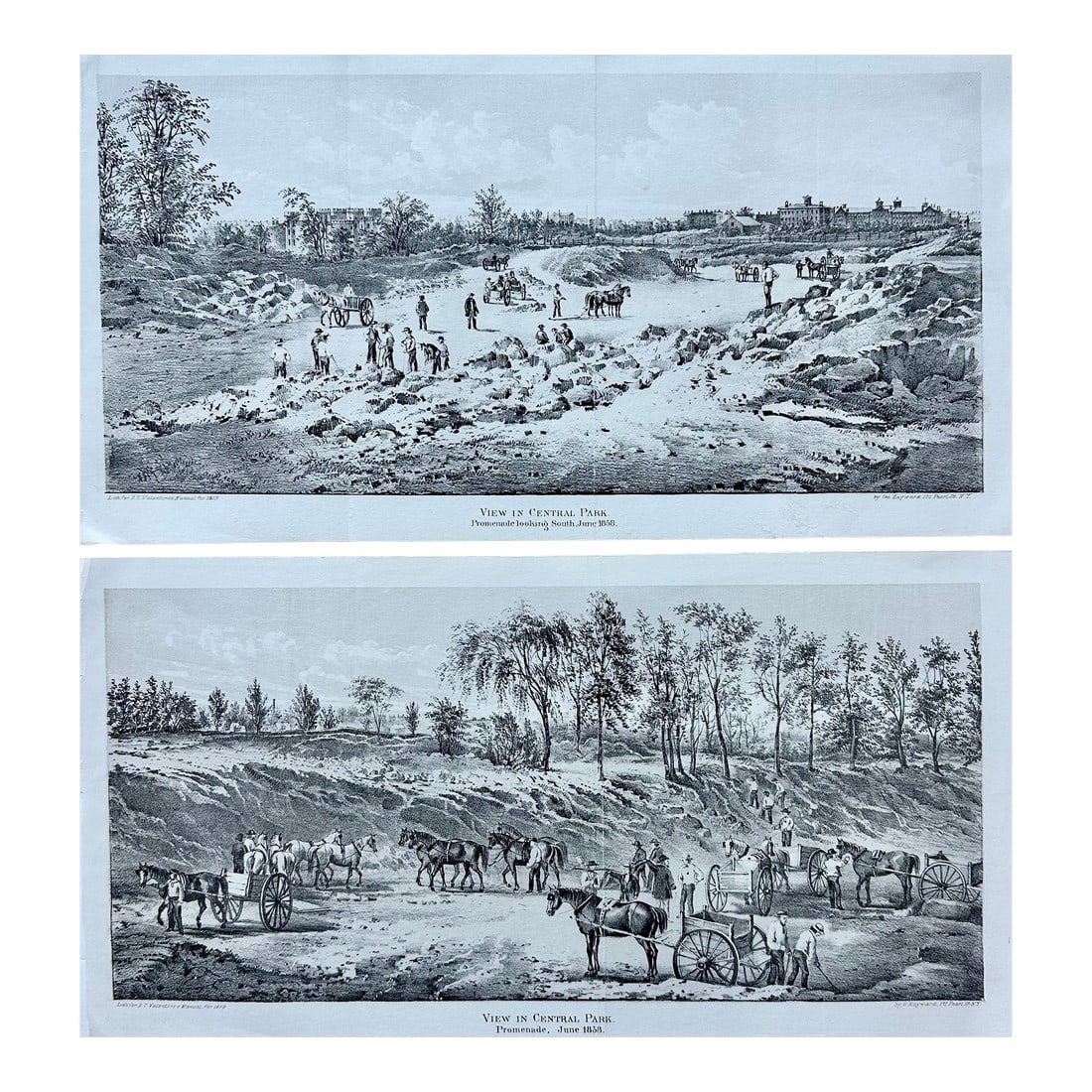 Central Park Engravings - Rare, Set of Two Historical Prints, Valentine's 1859: Pair of Original lithographic engravings documenting the earliest days of New York City's Central Park, dated June 1858 and June 1859. Published in D. T. Valentine's 1859 Manual of the Corporation of