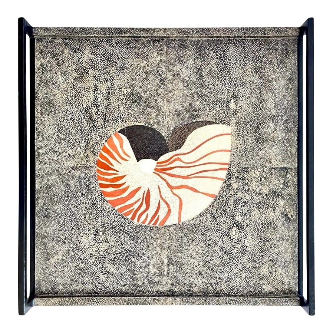 R & Y Augousti Nautilus Shell Large Tray: Large R & Y Augousti tray. Central shagreen nautilus shell. Ebonized handles on two sides. In excellent condition. Condition: Alterations: Original Condition Unaltered Imperfections: Some