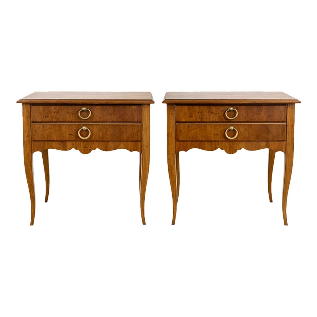 Late 20th Century Pair of Heritage Neoclassical Walnut Side Tables With Brass Ring Pulls and Finishe: Elegant pair of Heritage side tables crafted in warm walnut with classic neoclassical proportions. Each table features a rectangular top with subtle edge detailing, a single drawer fitted with a solid