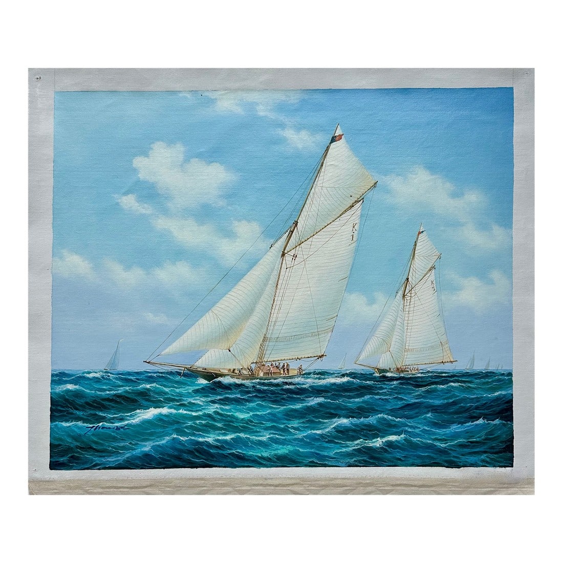 Original Maritime Watercolor Painting, Classic Sailboat Regatta Scene, Unstretched, by Thomas: Original oil on unstretched canvas, measuring 24" x 20". Signed by artist Thomas, circa 2024. Please note: If you purchase multiple items, we'll gladly combine shipping"”just send us a message.