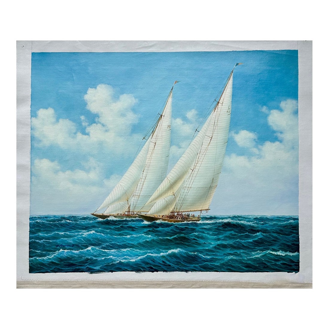Schooner Racing Sailboats Nautical Original Painting, Unstretched 24 X 20, by Thomas: Original oil on unstretched canvas, measuring 24" x 20". Signed by artist Thomas, circa 2024. Please note: If you purchase multiple items, we'll gladly combine shipping"”just send us a message.