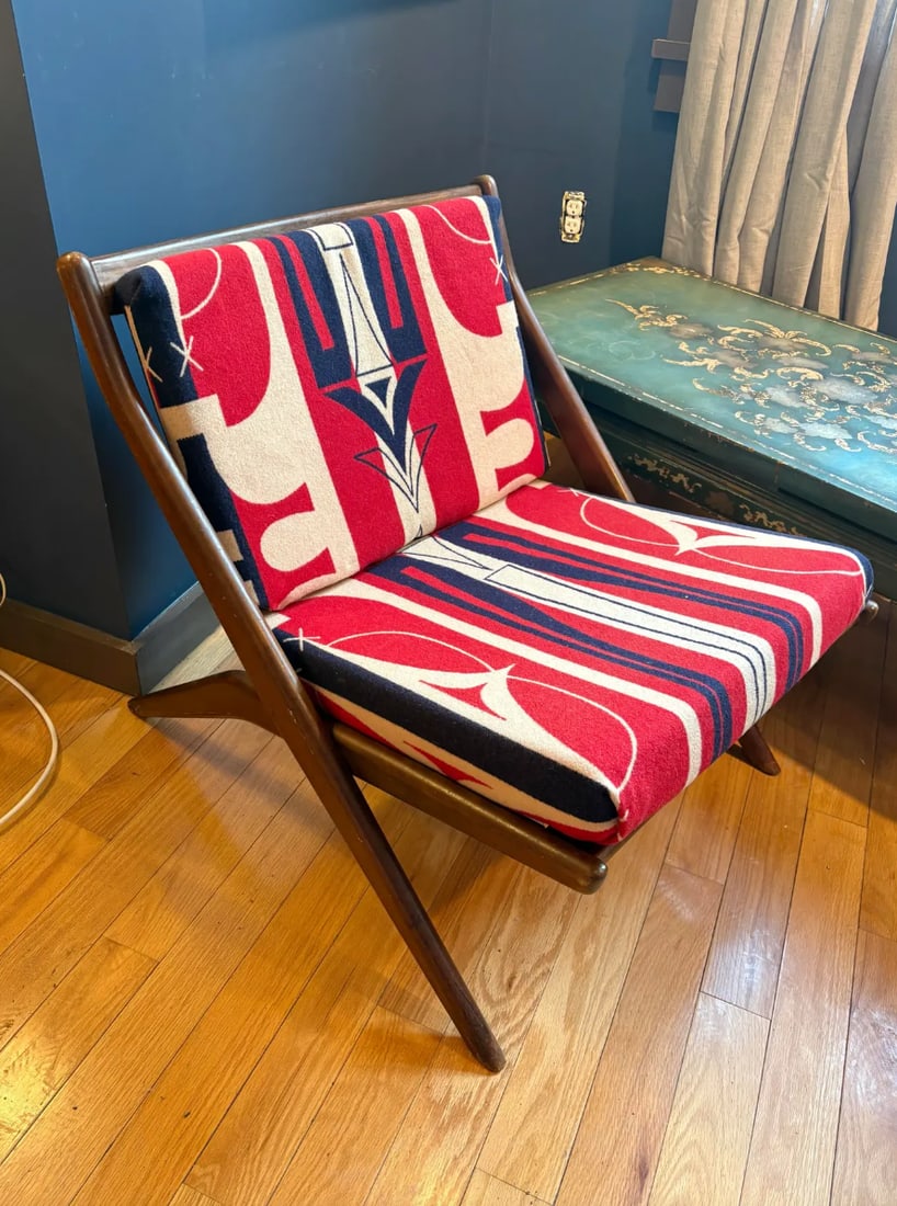 MCM Walnut Chair With Vintage Pendleton Will Upholstery - 2