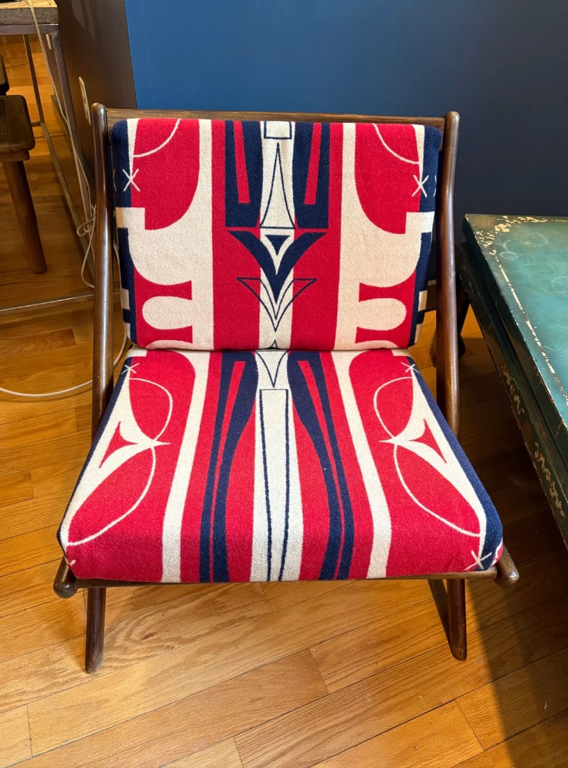 MCM Walnut Chair With Vintage Pendleton Will Upholstery - 3