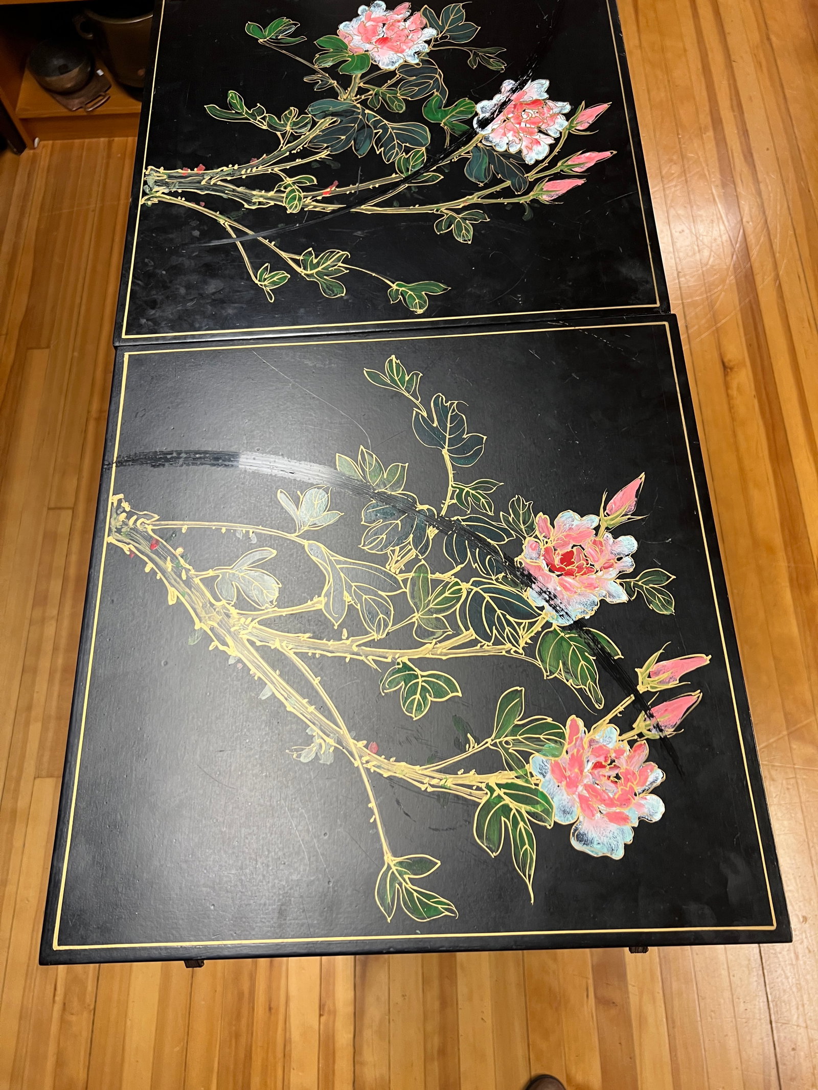 Vintage Chinese Export Black Lacquer Mother-of-Pearl Folding Bar Cabinet, C. 1950s - 2