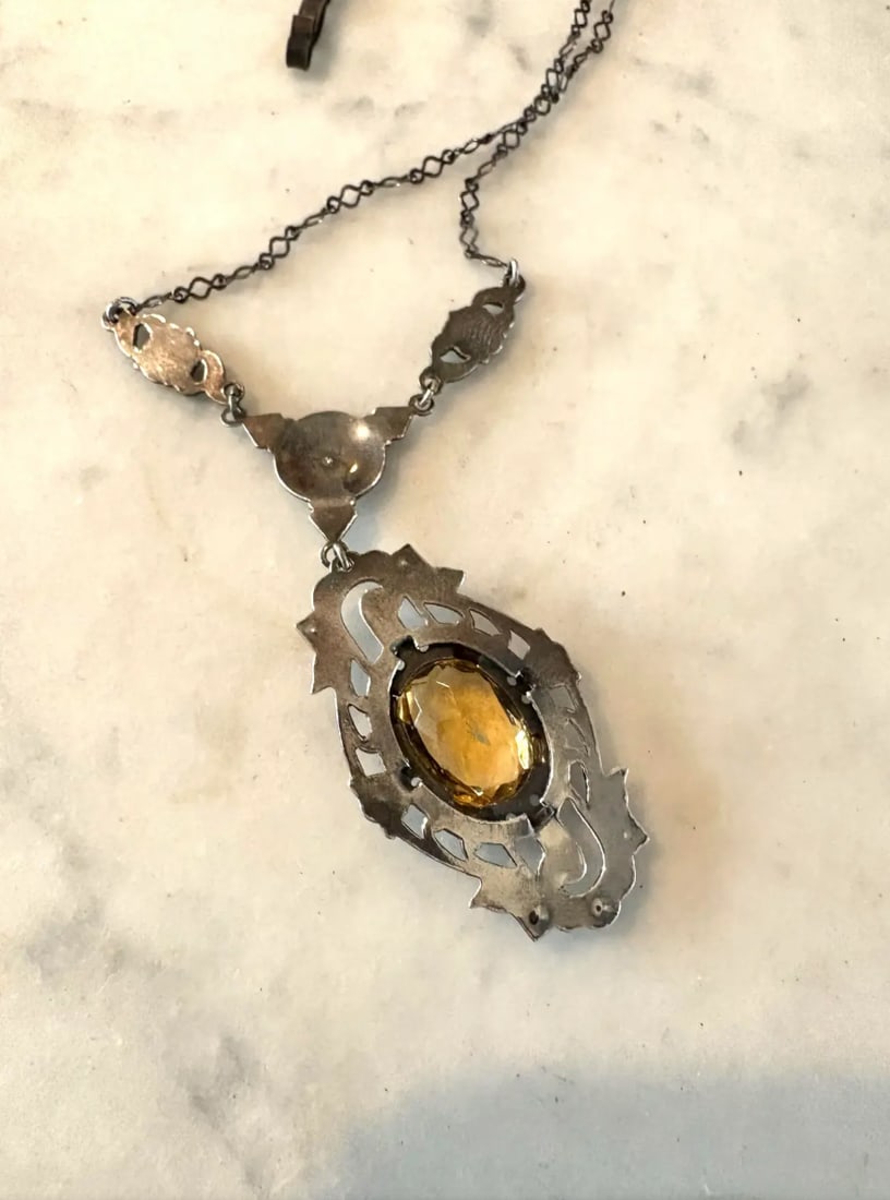 Antique Sterling Silver, Marcasite, and Citrine Art Nouveau Necklace - 2