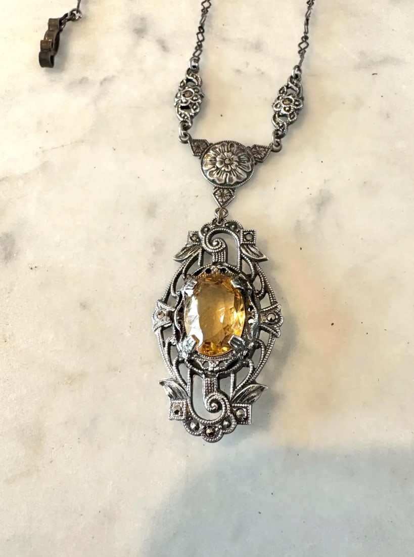 Antique Sterling Silver, Marcasite, and Citrine Art Nouveau Necklace - 3
