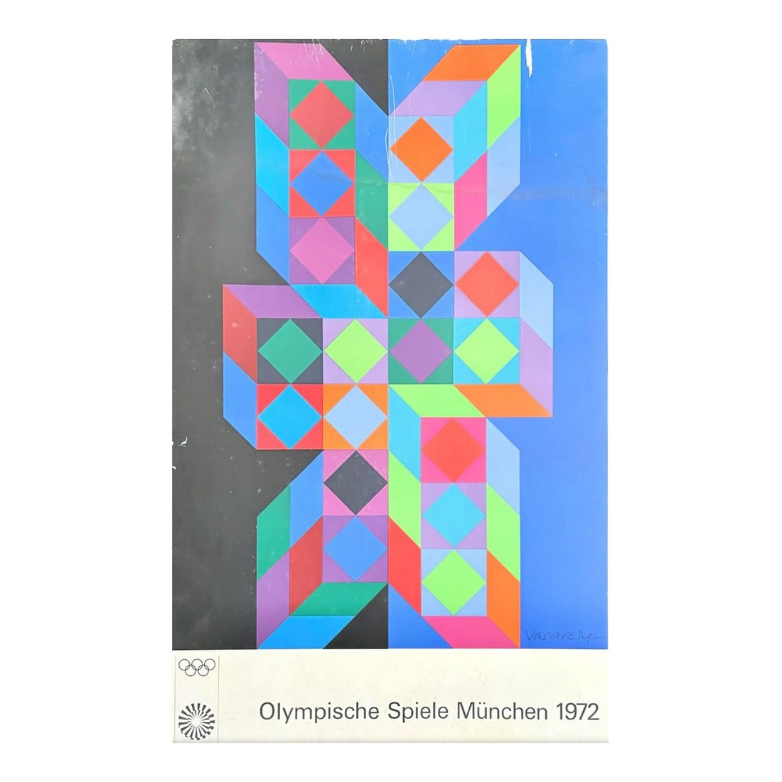 Victor Vasarely for the 1972 Munich Olympic Games Limited Edition Poster: This poster was part of a series of official posters curated for the 1972 Munich Olympics to showcase the symbiosis between art and sport. Design: The poster features a bold and symmetrical geometric