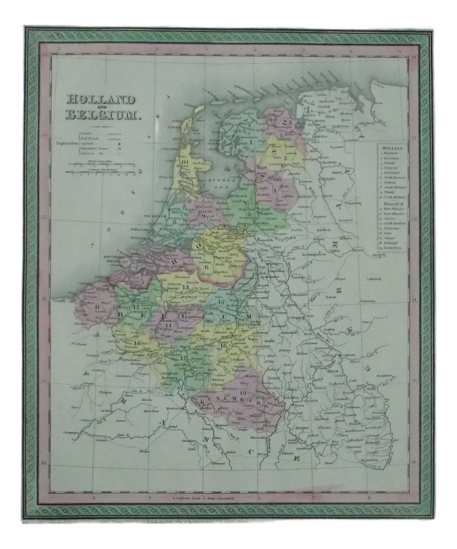 Holland & Belgium Original Map by Cowperthwait, 1850: Original steel engraving by Thomas Cowperthwait, circa 1850. Beautiful original color. Unframed. Dimensions 14" x 17.25". Please note: If you purchase multiple items, we'll gladly combine