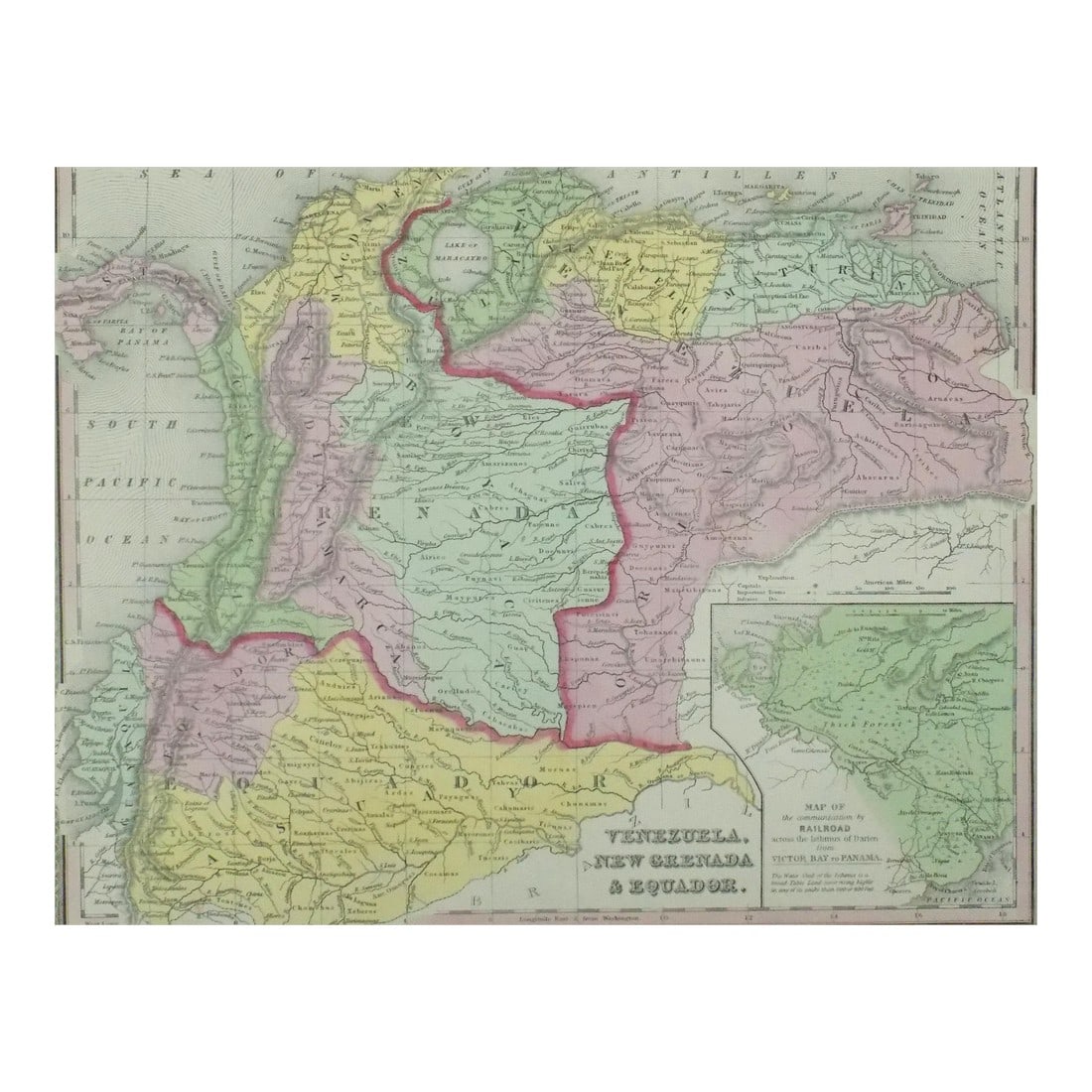 Venezuela, New Grenada & Equador, Original Map by Cowperthwait, 1850: Original engraving by Thomas Cowperthwait, circa 1850. Inset of Victor Bay & Panama. Beautiful original color. Dimensions 17" x 14". Please note: If you purchase multiple items, we'll gladly combine