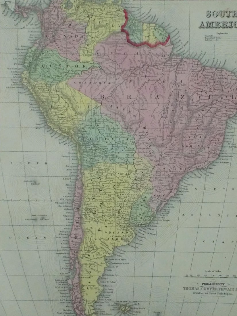 South America Original Map by Cowperthwait, 1850: Original engraving by Thomas Cowperthwait, circa 1850. Beautiful original color. Dimensions 14" x 17.25". Please note: If you purchase multiple items, we'll gladly combine shipping"”just send