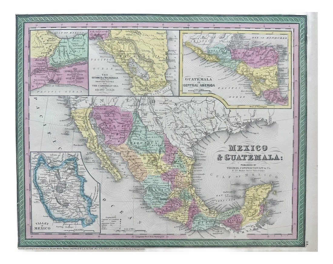 Mexico Original Map by Cowperthwait, 1850: Original engraving by Thomas Cowperthwait, circa 1850. Inset of Guatamala, Nicarauga and Tuhantepec. Beautiful original color. Unframed. Dimensions 14" x 17". Please note: If you purchase multiple