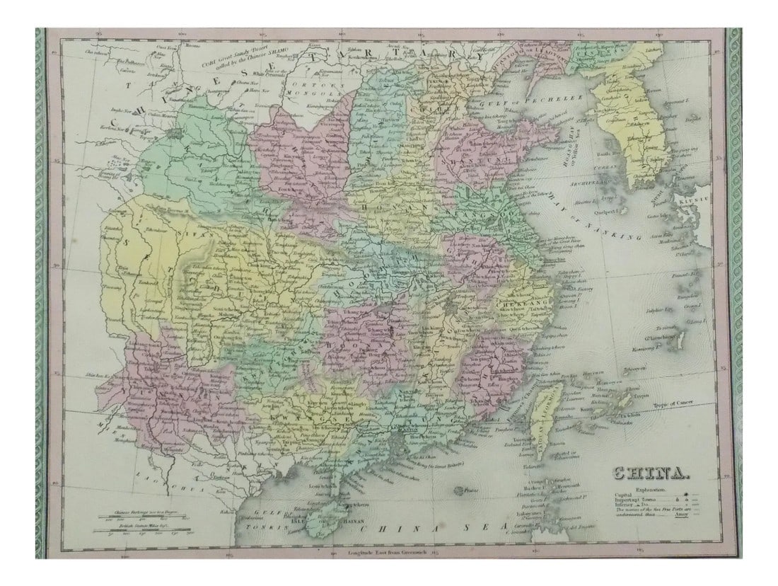 China, Korea & Hainan Original Map by Cowperthwait, 1850: Original engraving by Thomas Cowperthwait, circa 1850. Beautiful original color. The map covers China, Chinese Tartary, Korea, Formosa (Taiwan), and Hainan. Chinese provinces are color-coded, and