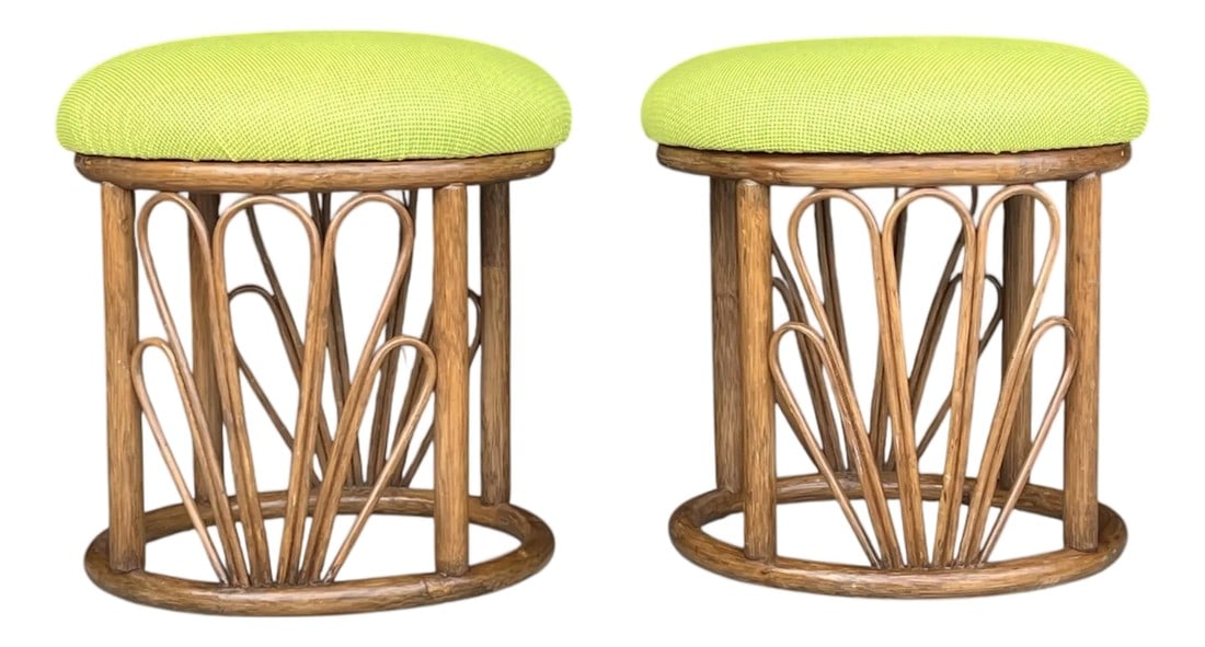 1960s Bamboo Ottomans With Lemon Upholstery- A Pair (1 of 12)