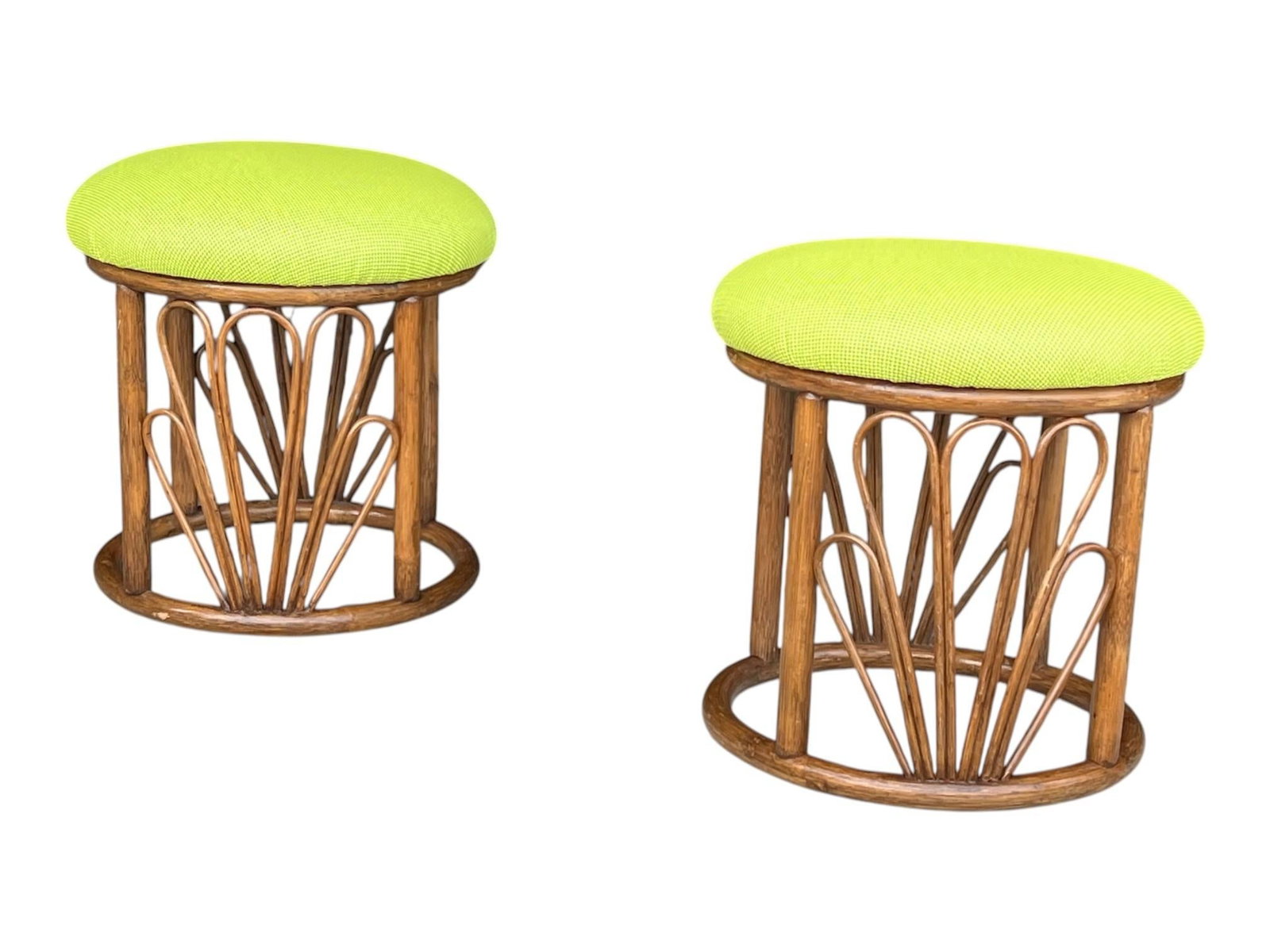 1960s Bamboo Ottomans With Lemon Upholstery- A Pair - 2