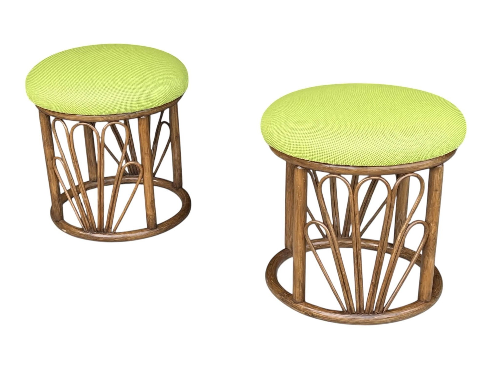 1960s Bamboo Ottomans With Lemon Upholstery- A Pair - 4
