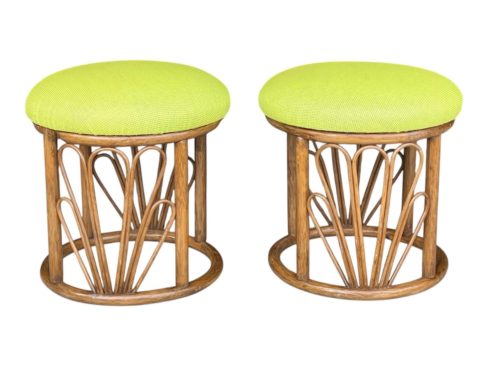 1960s Bamboo Ottomans With Lemon Upholstery- A Pair - 5
