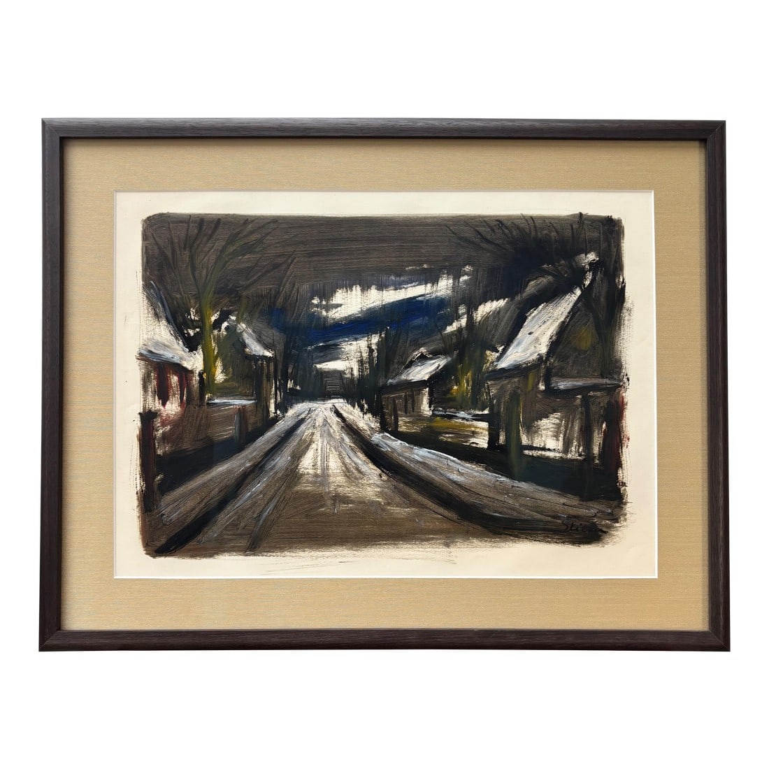 Signed Mid-Century American Painting, Newly Framed in Museum Glass & Walnut Frame: Mid-century American street scene painting depicting a snow-covered residential street at dusk. Oil on paper/board, circa 1950s-60s. Signed lower right (signature indistinct). Framing: "• New