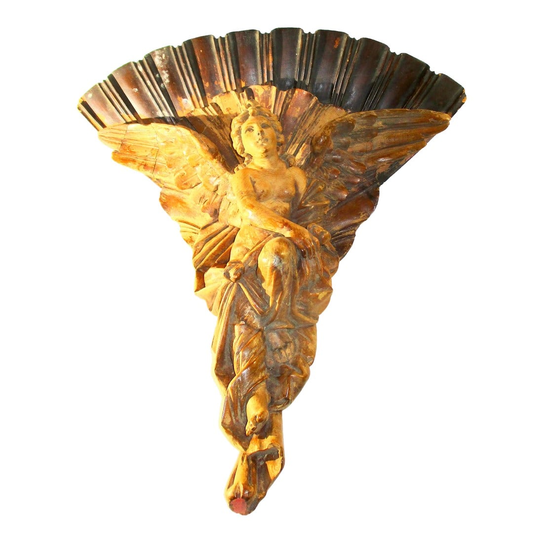 Antique Carved Italian Corner Shelf Bracket: Art Nouveau carved wooden corner shelf. A favorite image of the French victory, and a Divine presence in the room. Complete with the toga and the bare breasts. Flying Angle under a two-tier shell