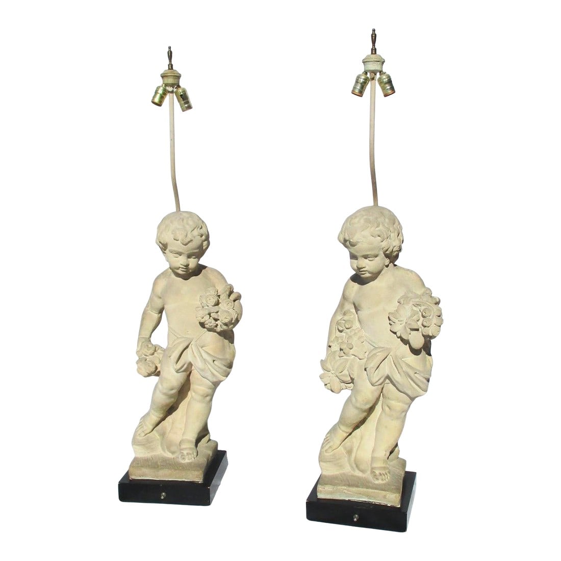 Allegorical Seasons Figural Sculpture Table Lamps - A Pair of 2: Concrete cast garden sculptures mounted on wooden sculpture mounts with independent stem light to the rear side. Double Edison socket lighting. Vintage from the 1940's Hollywood Regency. Labeled G.A.