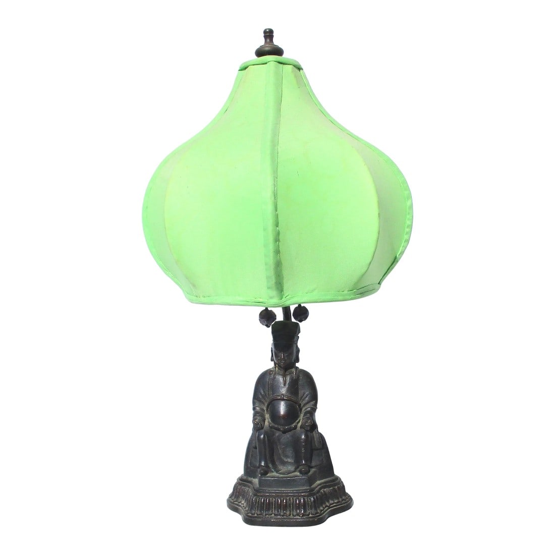 Chinese Ming Bronze Ancestor Figure Mounted as Lamp: Ming Bronze figure, now mounted as a lamp in the early 20th century. Ming Period small bronze set into a lotus carved base with a separate tube carrying the electrical over the image. Lighting is an