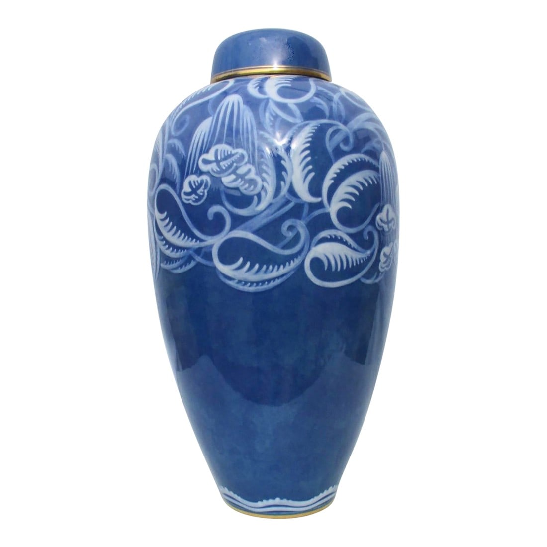 Art Deco Sevres Porcelain Large GingerJar Signed by Artist Leduc 1920s: Collectors Sevres lidded jar in dark blue with Art Deco floral designs over shoulders. Studio artwork is unique. Hallmarked to the underside Sevres and hand-signed by artist J'sp Leduc. Impressive