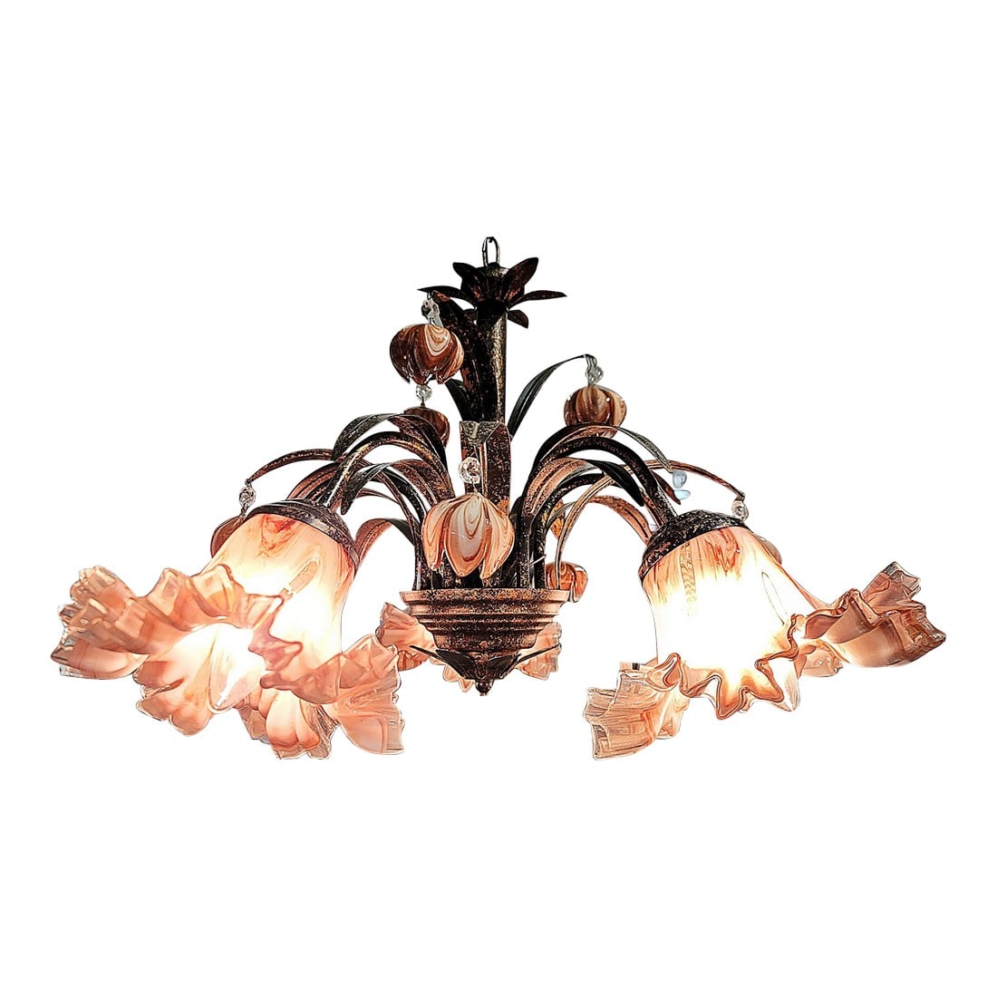 Venetian Italian Metal and Blown Glass Floral Chandelier: Make a statement with this beautiful Venetian glass chandelier, copper on dark bronze metal frame holds 5 regular base bulbs inside hand blown Murano glass shades, glass flower buds hang between the