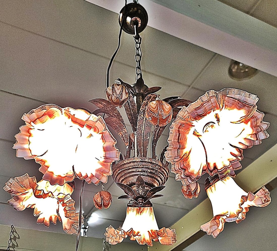 Venetian Italian Metal and Blown Glass Floral Chandelier - 3