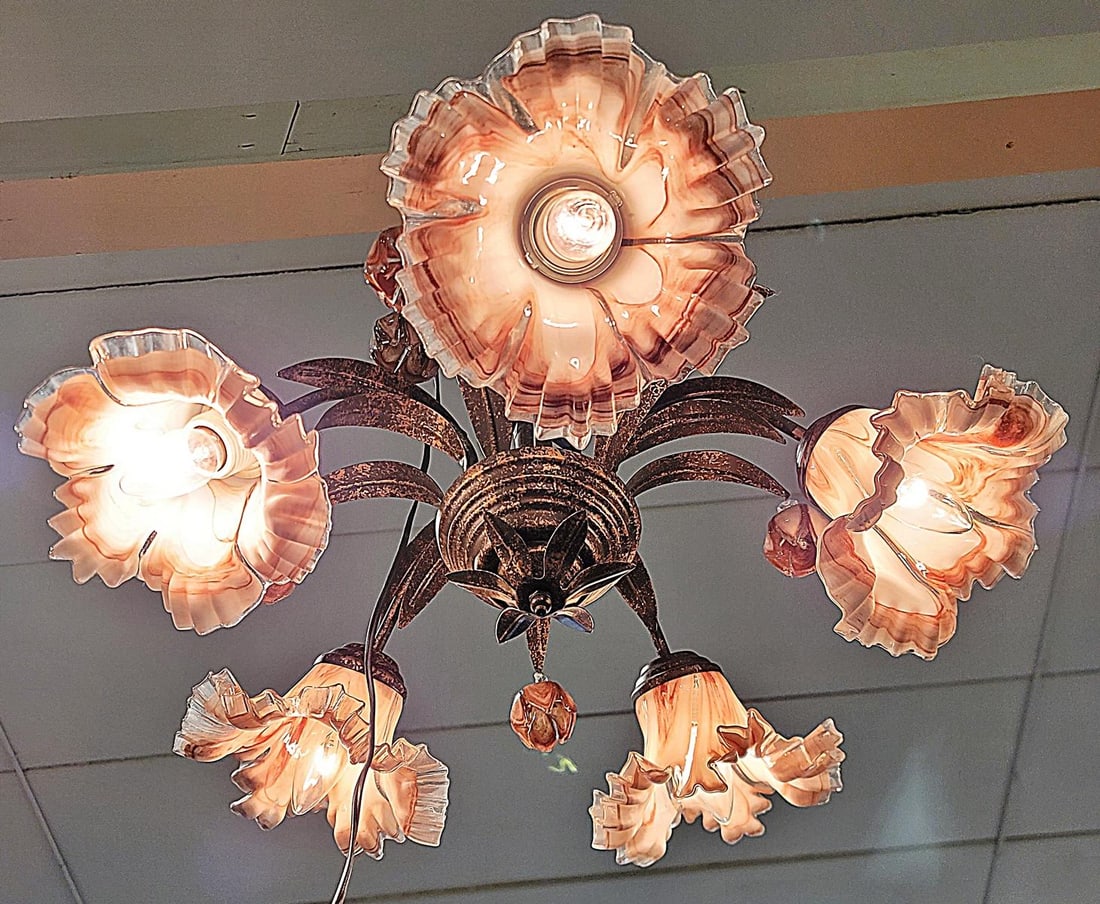 Venetian Italian Metal and Blown Glass Floral Chandelier - 5