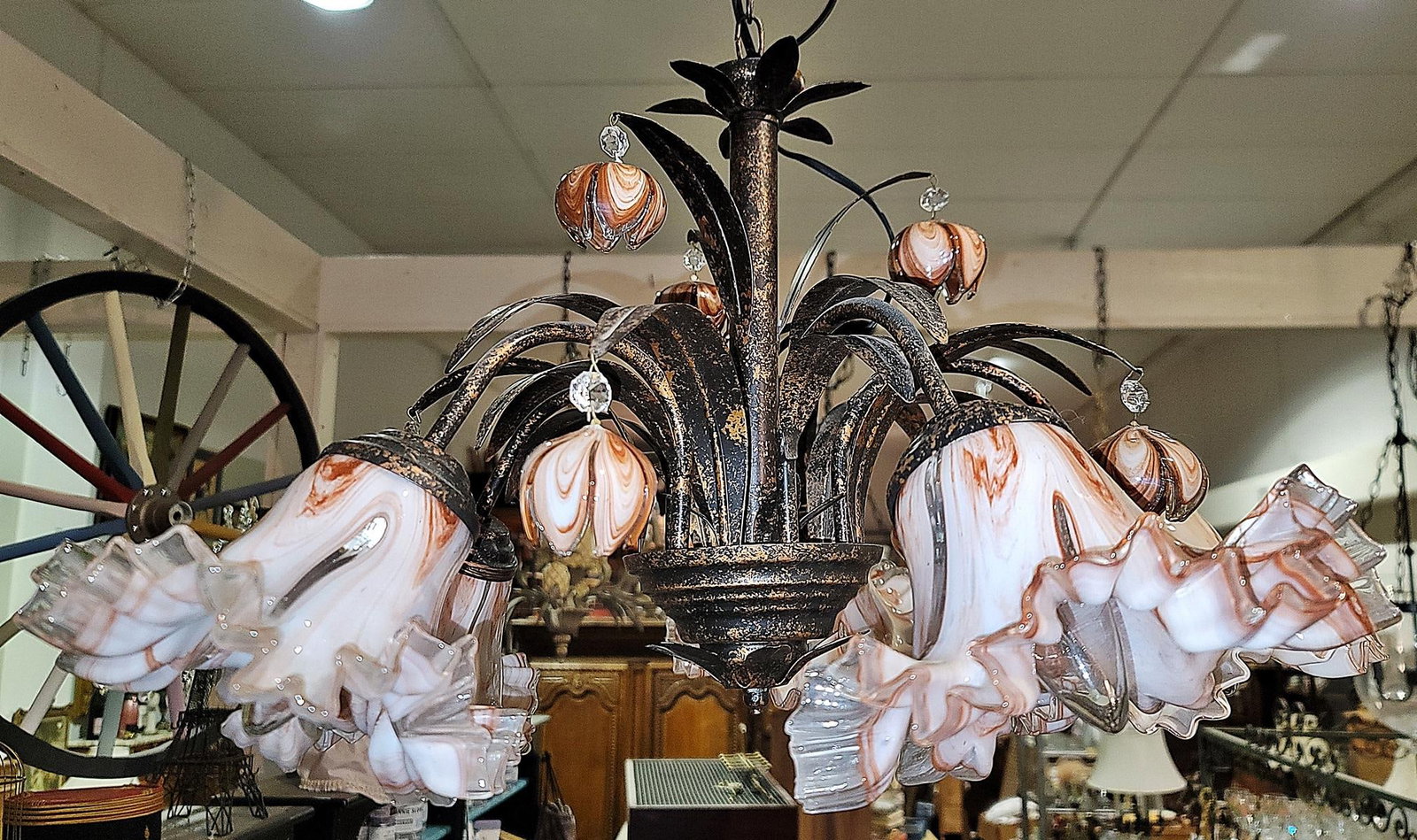 Venetian Italian Metal and Blown Glass Floral Chandelier - 7