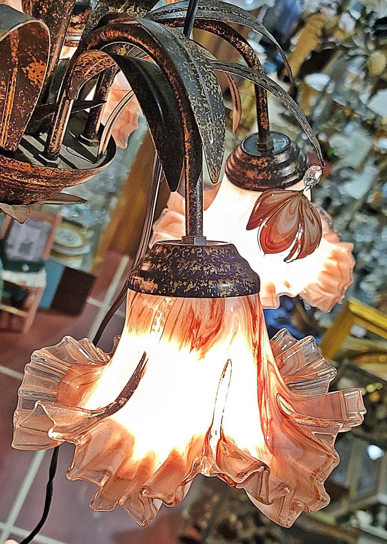 Venetian Italian Metal and Blown Glass Floral Chandelier - 9