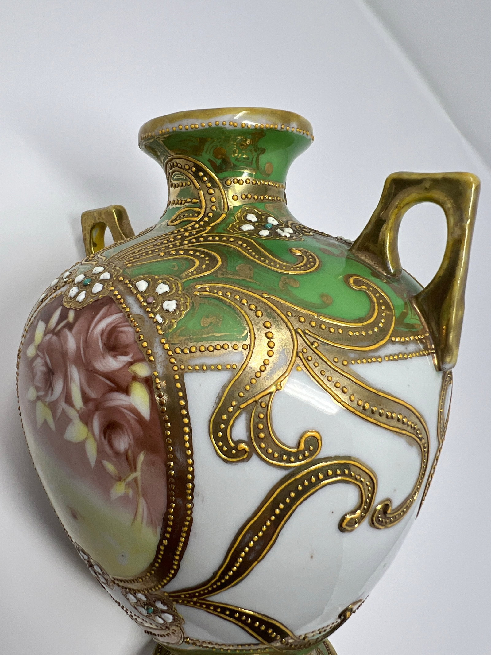 Antique Japanese Nippon Hand Painted Portrait Porcelain Vase With Moriage & Jeweled Decoration, Circ - 9